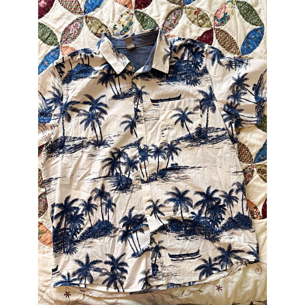 Hurley Men's XL White/Blue Woven Tropical Hawaiian Short Sleeve Button-Up Shirt